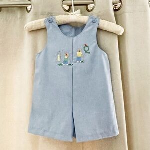 Vintage Linen Blend Bear Baby Blue Dad Golfing Overalls Bibs Romper 18 Months